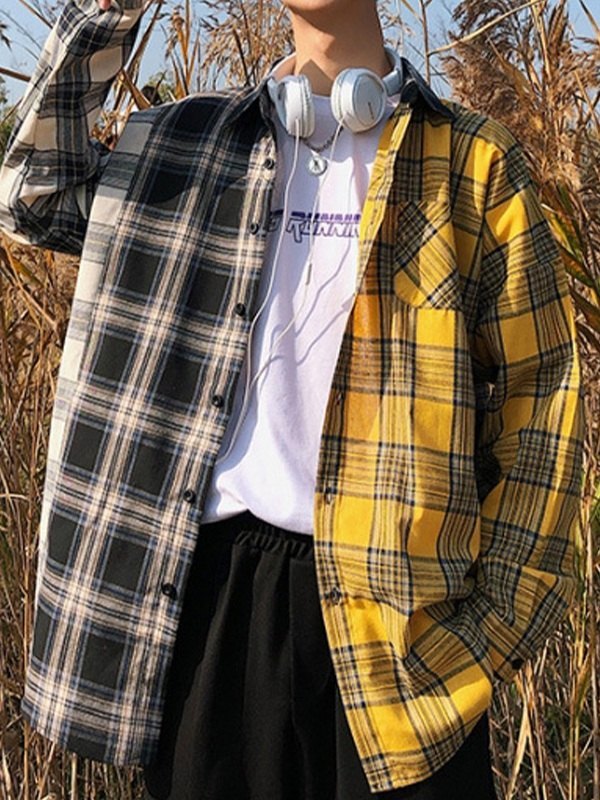 Men's Color Block Checkered Long Sleeve Shirt-3