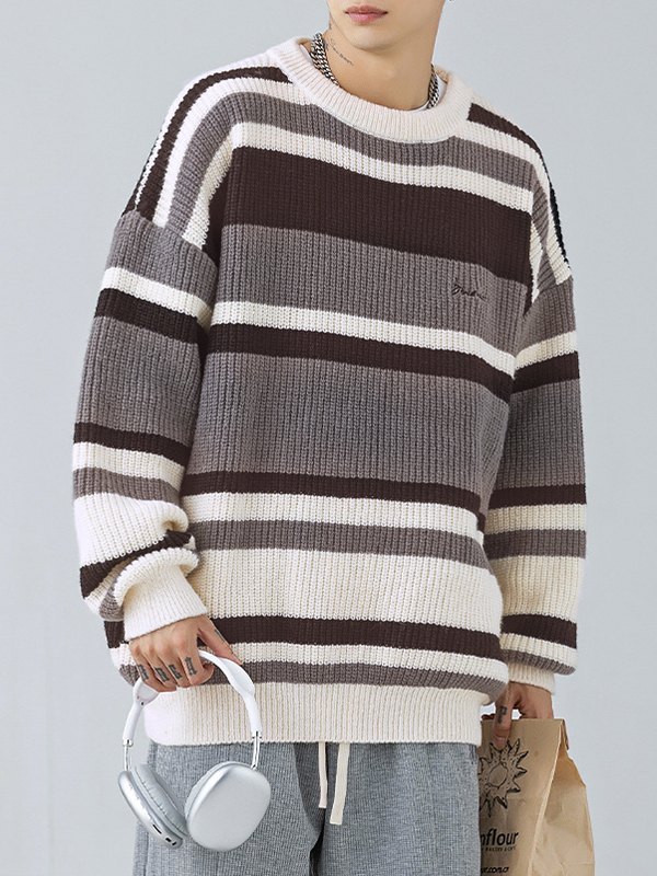 Men's Contrast Striped Vintage Pullover Sweater-3