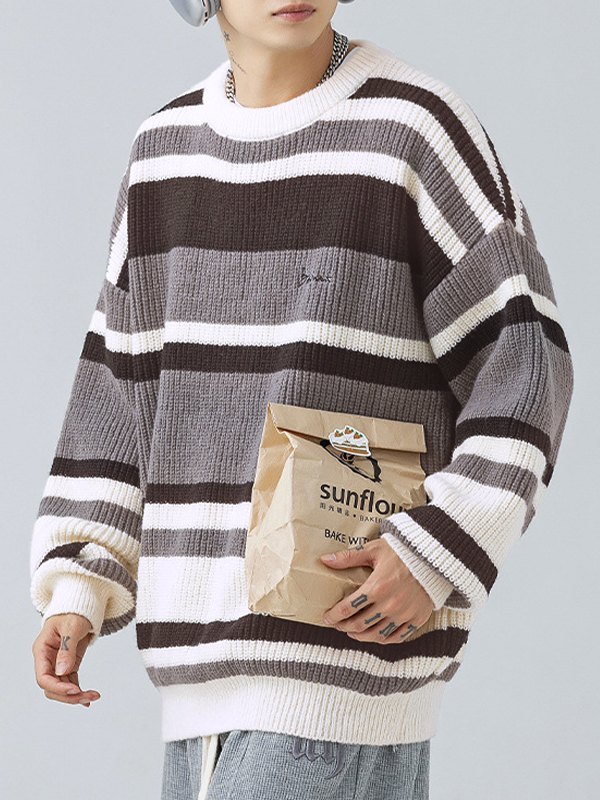 Men's Contrast Striped Vintage Pullover Sweater-2