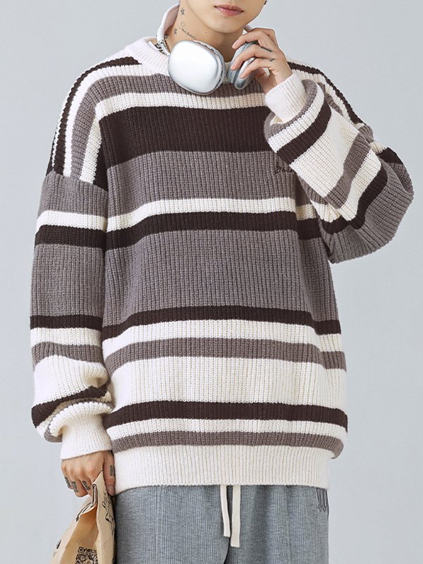 Men's Contrast Striped Vintage Pullover Sweater-1