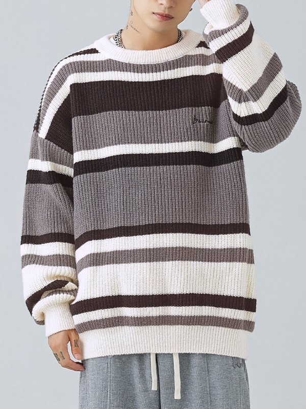 Men's Contrast Striped Vintage Pullover Sweater-4