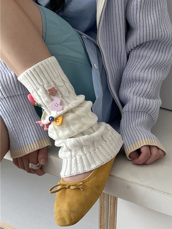 Button Embellished Cable Knit Leg Warmer-1