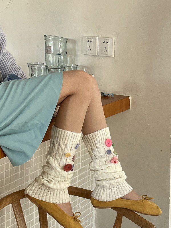 Button Embellished Cable Knit Leg Warmer-2