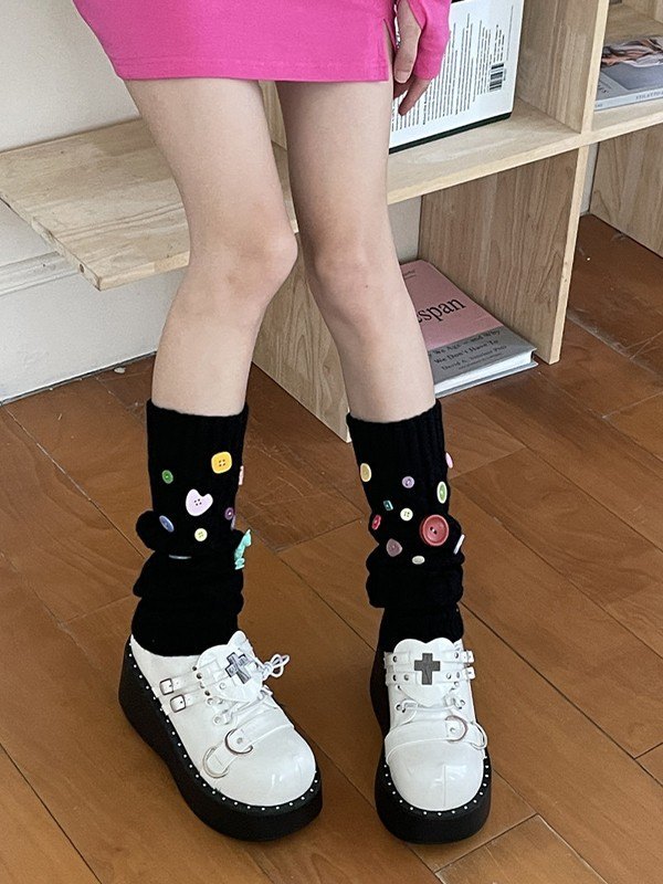 Button Embellished Cable Knit Leg Warmer-1