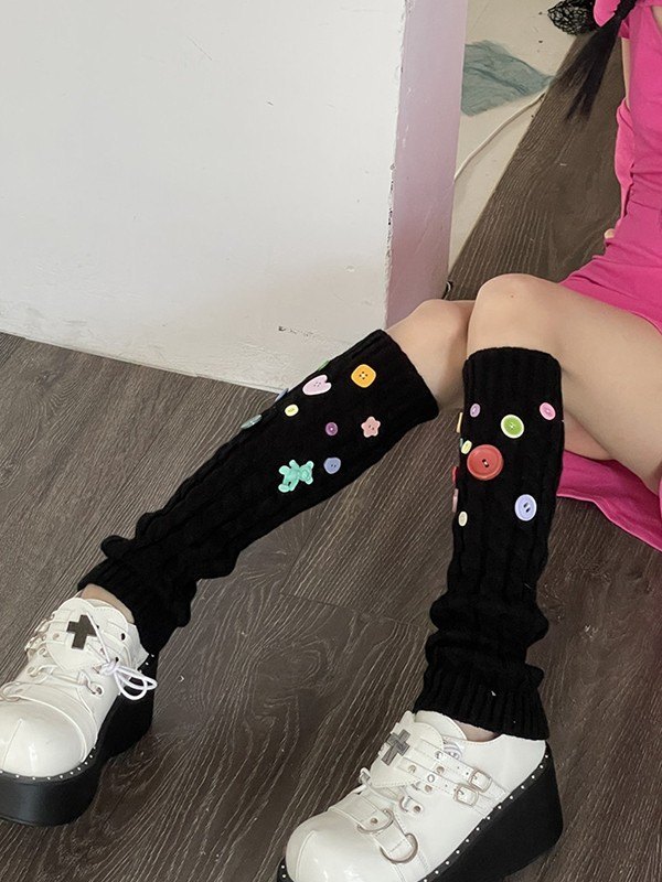 Button Embellished Cable Knit Leg Warmer-4