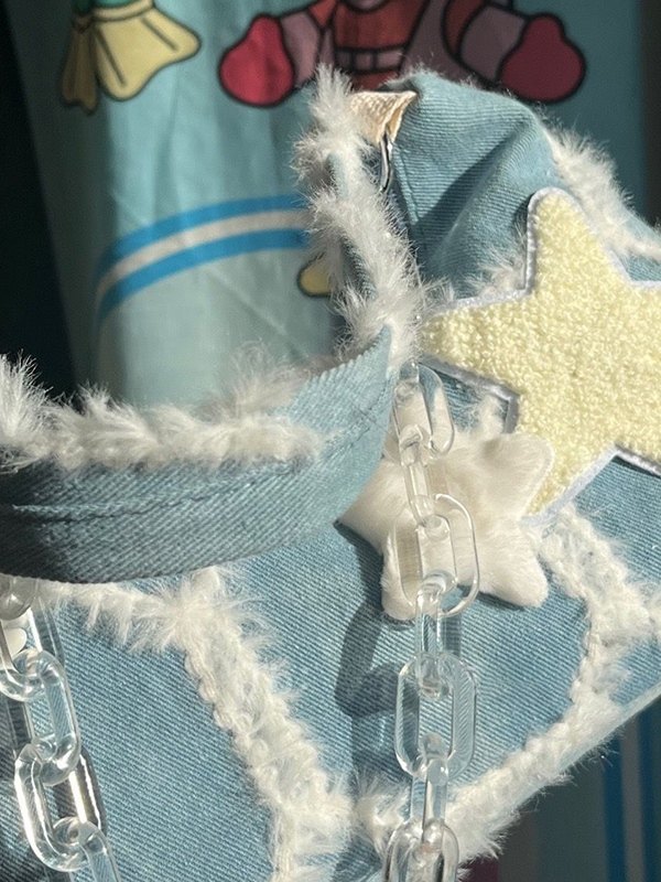 Fuzzy Trim Star Denim Shoulder Bag-3