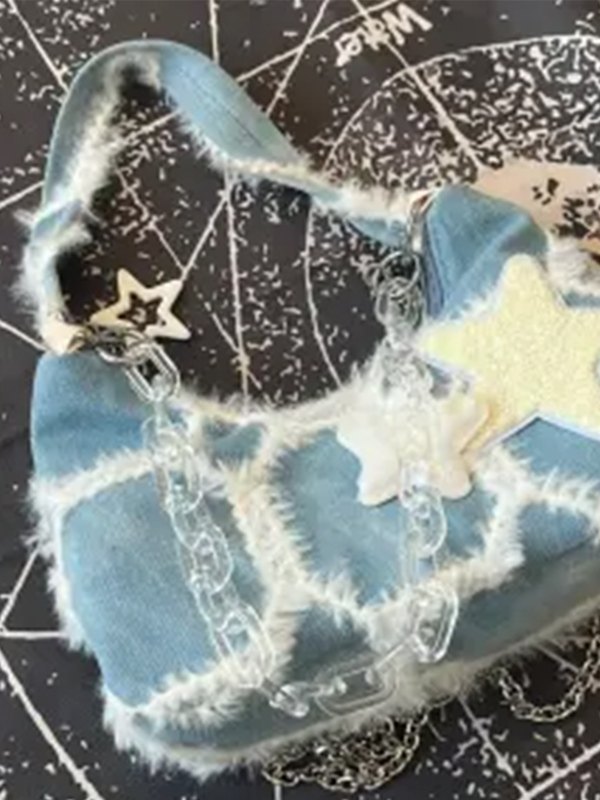 Fuzzy Trim Star Denim Shoulder Bag-2