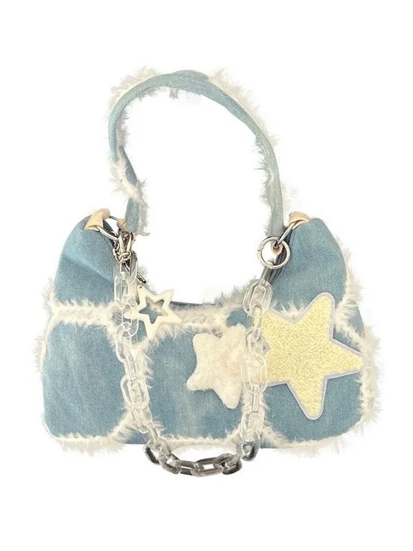 Fuzzy Trim Star Denim Shoulder Bag-4