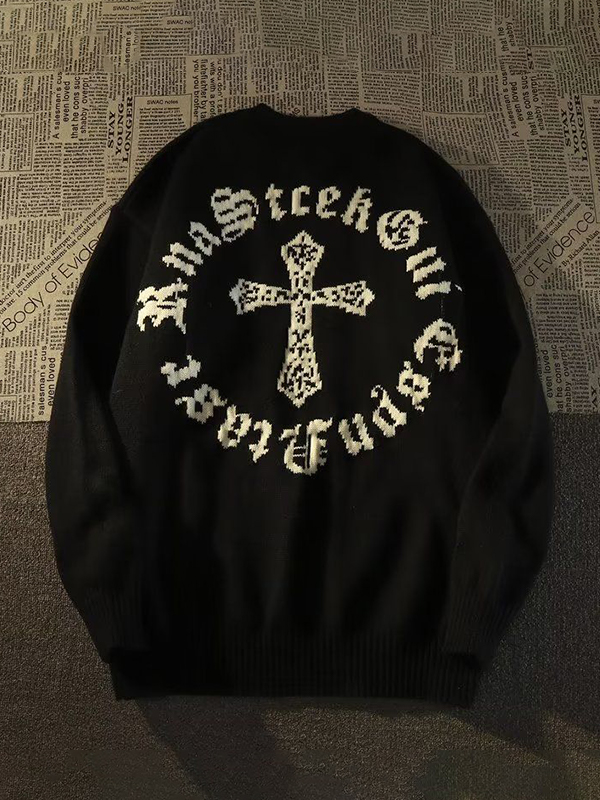 Men's Vintage Cross Letter Print Oversized Sweater-3