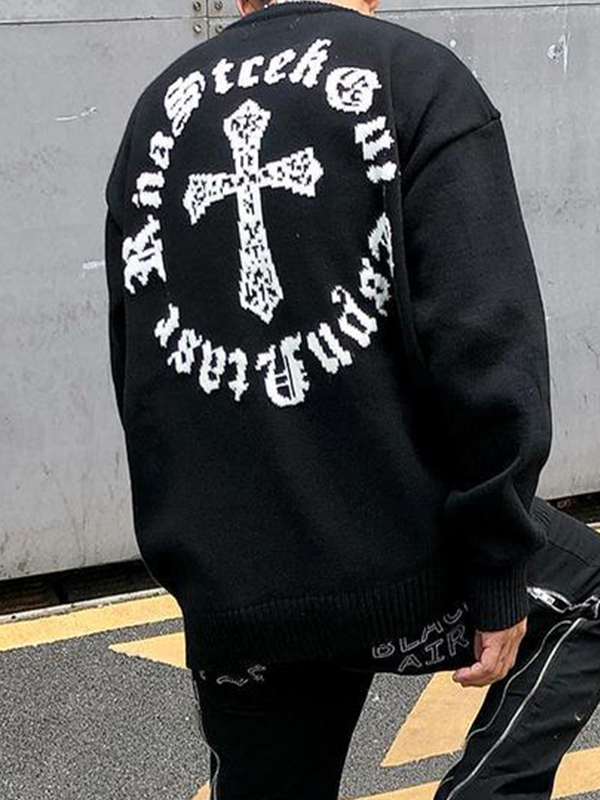 Men's Vintage Cross Letter Print Oversized Sweater-1