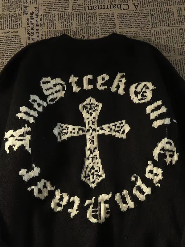 Men's Vintage Cross Letter Print Oversized Sweater-4