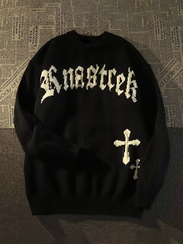 Men's Vintage Cross Letter Print Oversized Sweater-2