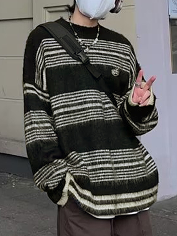 Men' Fuzzy Stripe Print Loose Sweater-2