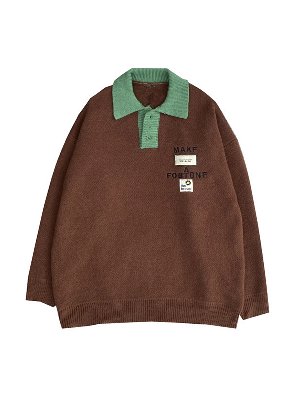 Men's Contrast Color Letter Embroidery Labeling Knit Sweater-4