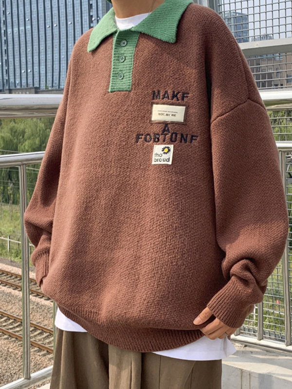 Men's Contrast Color Letter Embroidery Labeling Knit Sweater-2