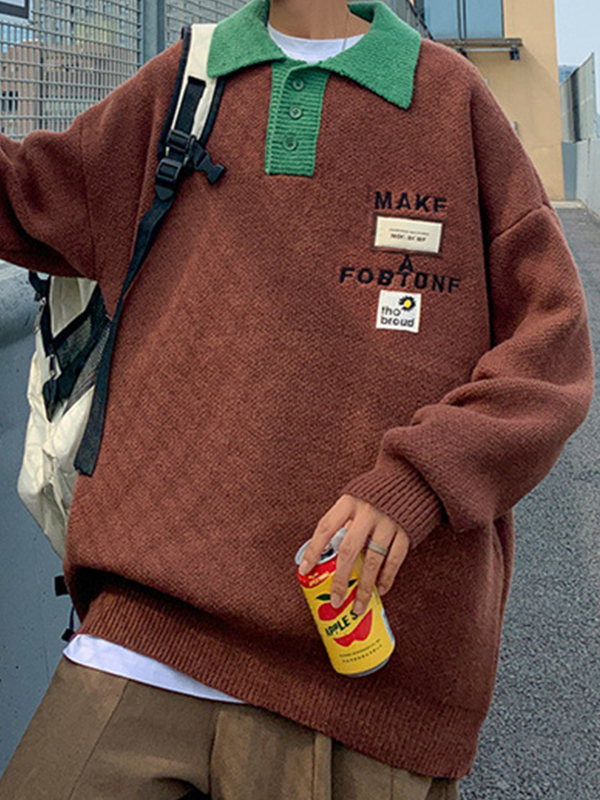Men's Contrast Color Letter Embroidery Labeling Knit Sweater-1