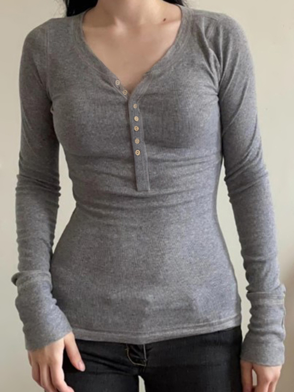 Solid Color Breasted V Neck Long Sleeve Knit-1