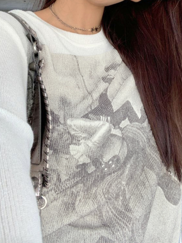 Vintage Print Ribbed Loose Long Sleeve Knit-4