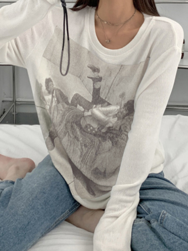 Vintage Print Ribbed Loose Long Sleeve Knit-1