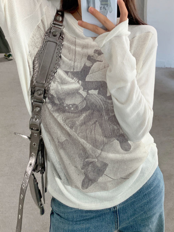 Vintage Print Ribbed Loose Long Sleeve Knit-2