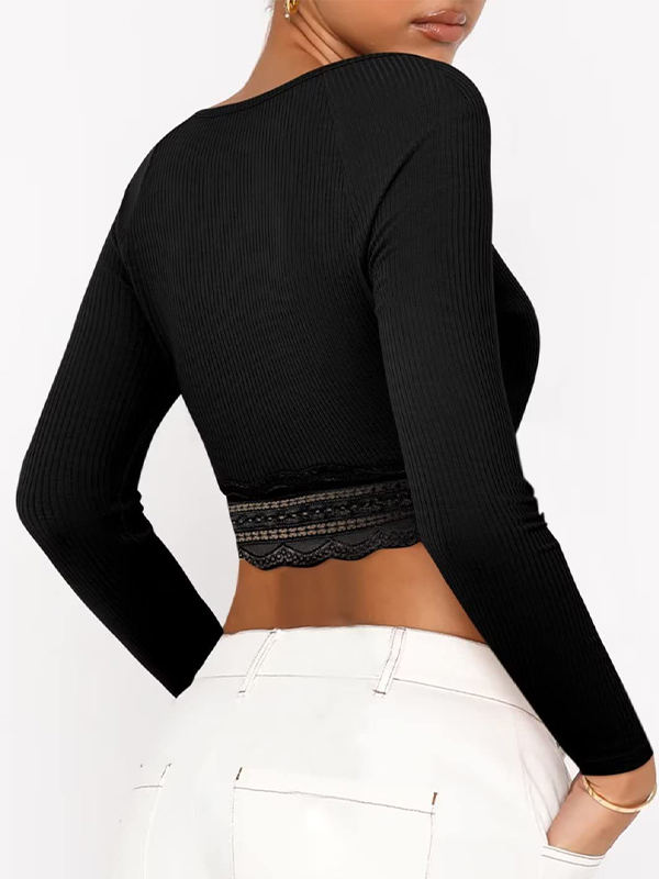 Solid Color Lace Hem Square Neck Crop Long Sleeve Knit-3