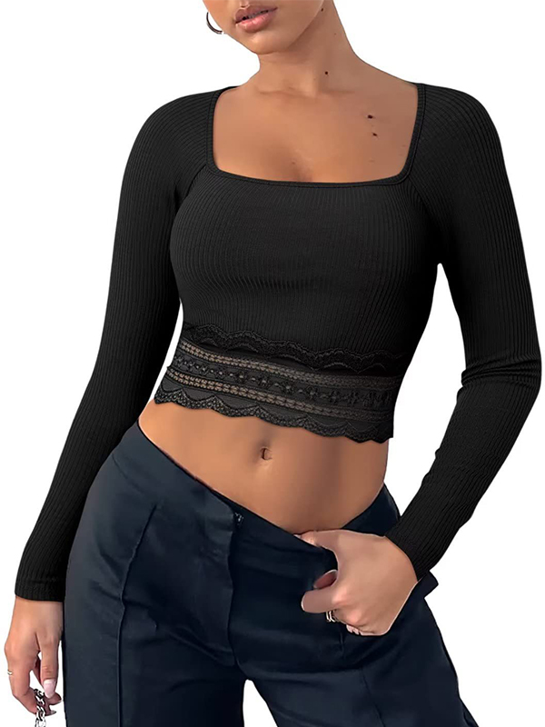 Solid Color Lace Hem Square Neck Crop Long Sleeve Knit-1