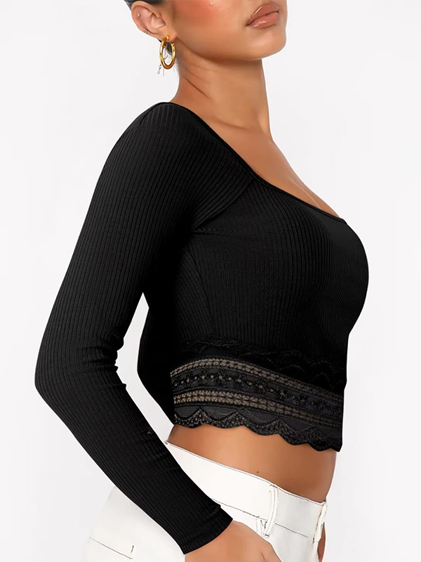 Solid Color Lace Hem Square Neck Crop Long Sleeve Knit-2
