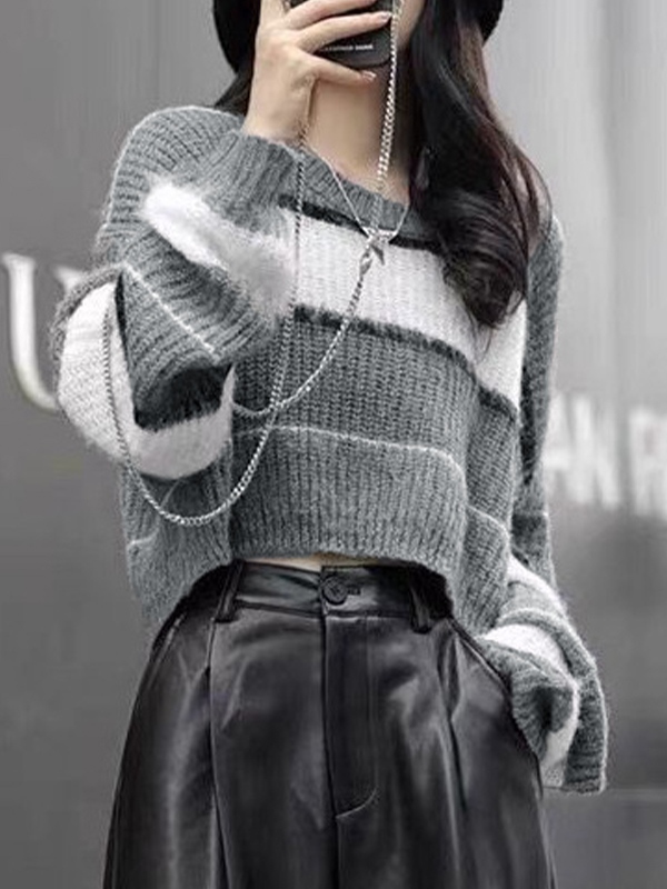 Contrast Color Stripe Splice Short Sweater-1