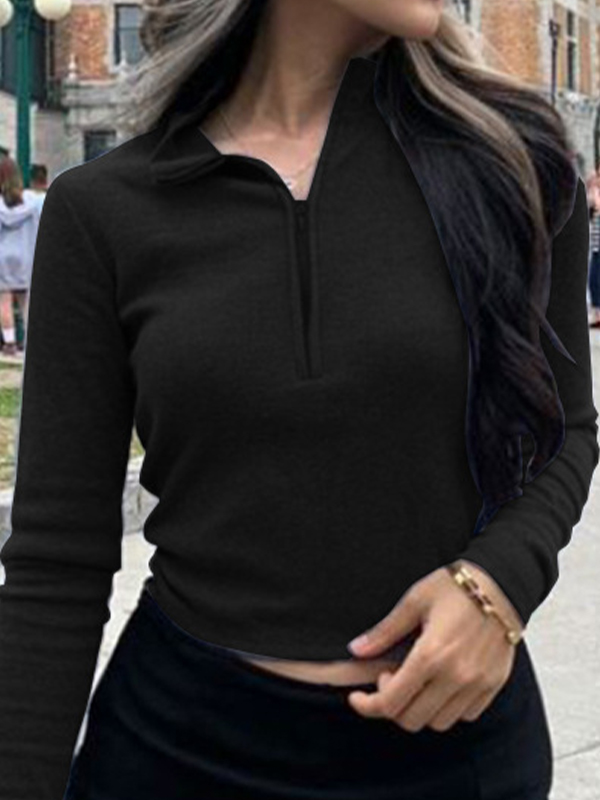 Solid Color Ribbed Zip Up Crop Long Sleeve Knit-1