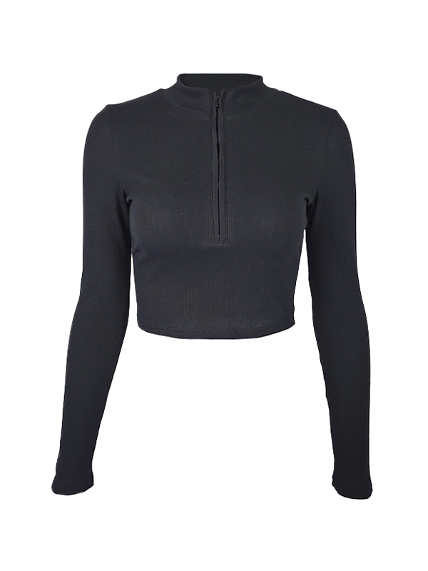 Solid Color Ribbed Zip Up Crop Long Sleeve Knit-2