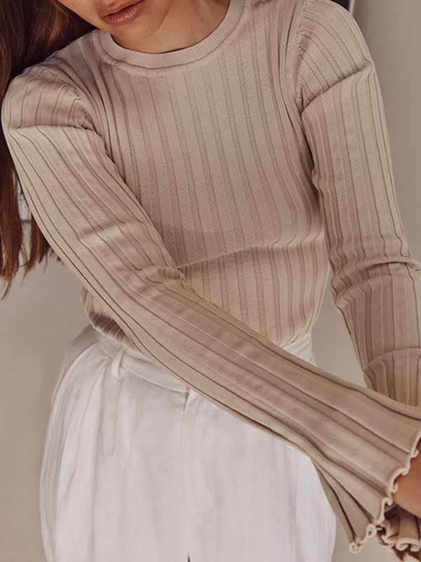 Solid Ribbed Crew Neck Long Sleeve Knit-3