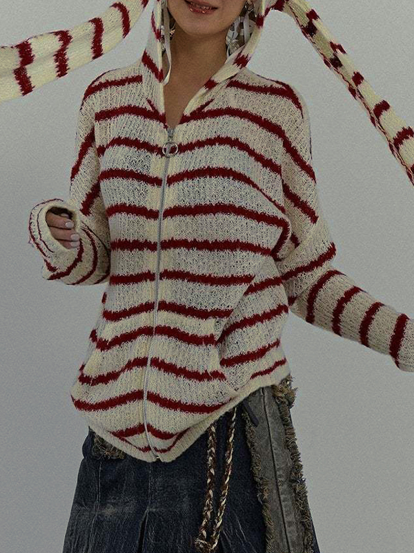 Rabbit Ear Styling Hooded Stripe Cardigan-3