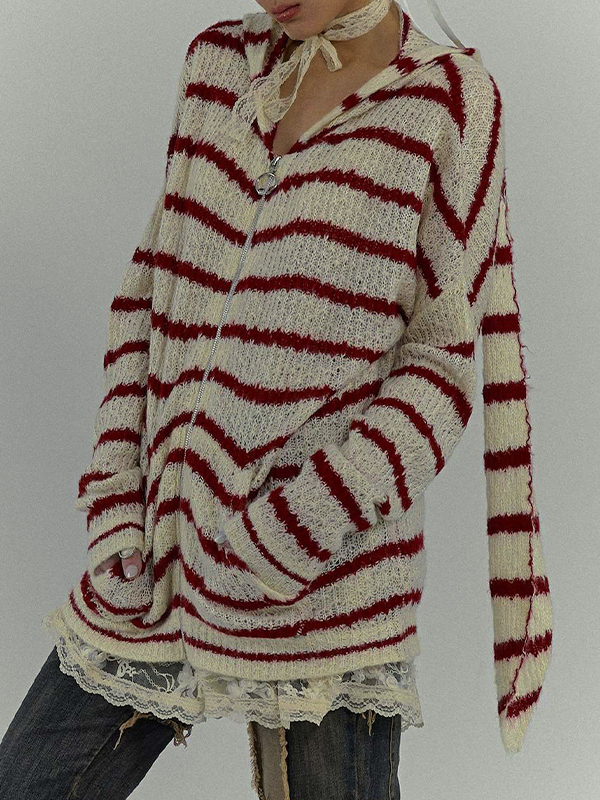 Rabbit Ear Styling Hooded Stripe Cardigan-2