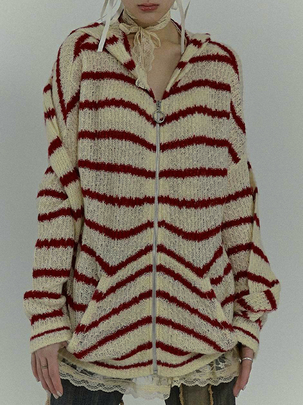 Rabbit Ear Styling Hooded Stripe Cardigan-1