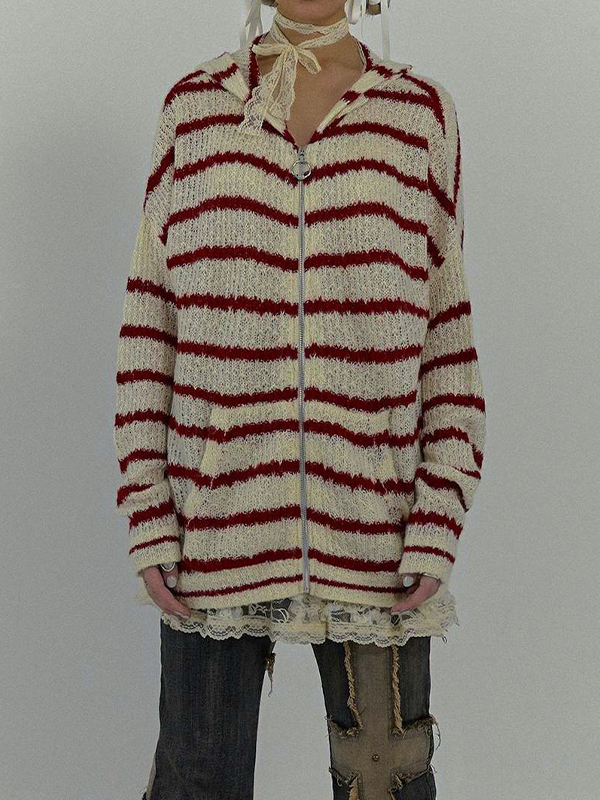 Rabbit Ear Styling Hooded Stripe Cardigan-4