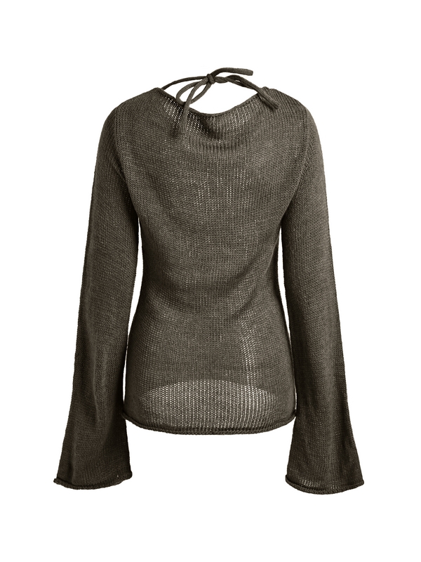 Solid Color Backless Lace Up Long Sleeve Knit-4
