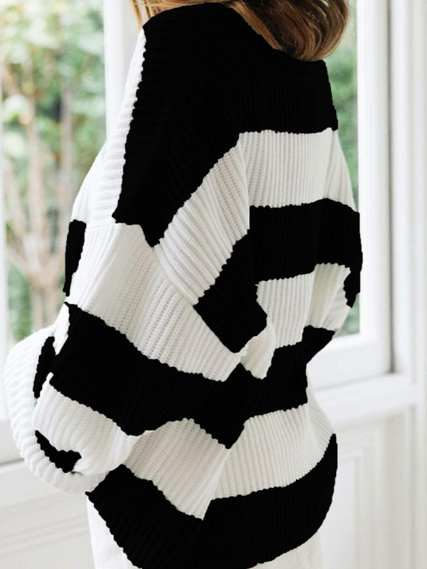 Casual Rib Stripe Baggy Knit Sweater-3