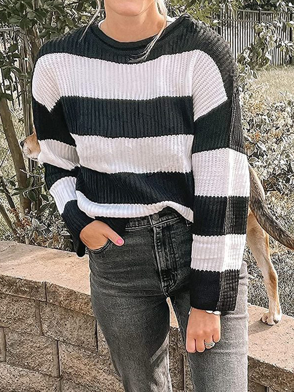Casual Rib Stripe Baggy Knit Sweater-2