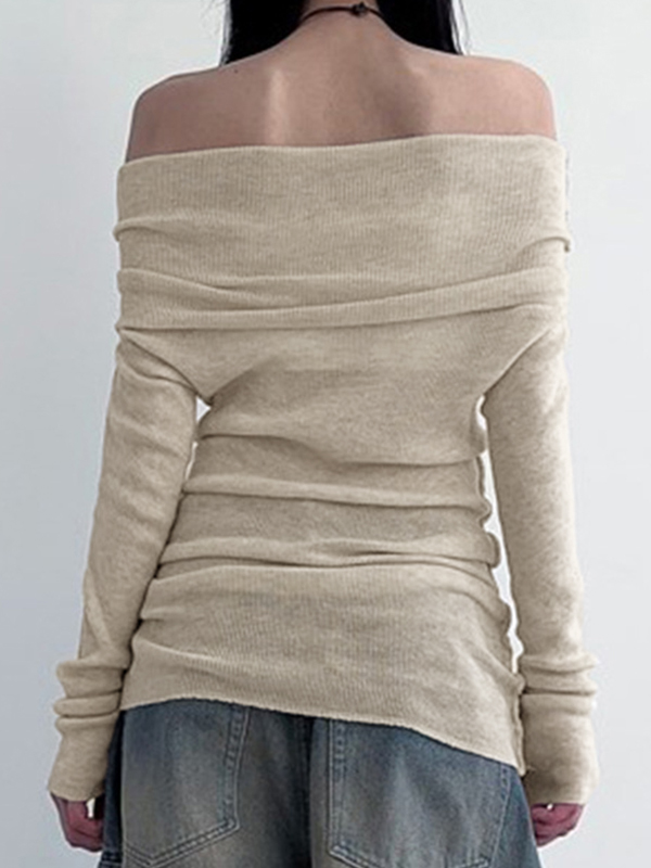 Solid Off Shoulder Slim Long Sleeve Knit-3