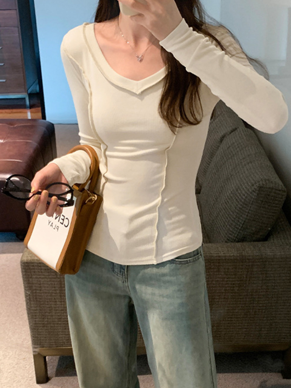 Solid V Neck Seam Detail Slim Long Sleeve Knit-3