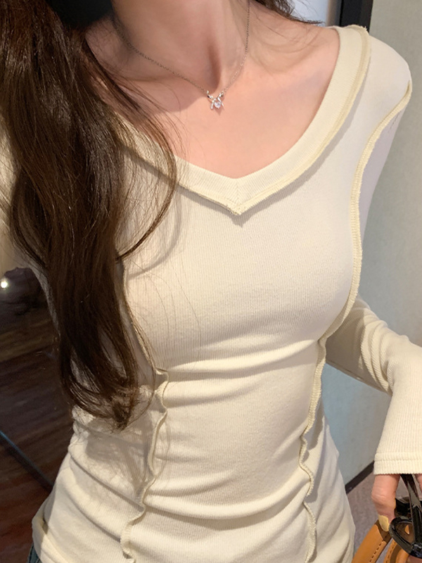 Solid V Neck Seam Detail Slim Long Sleeve Knit-1