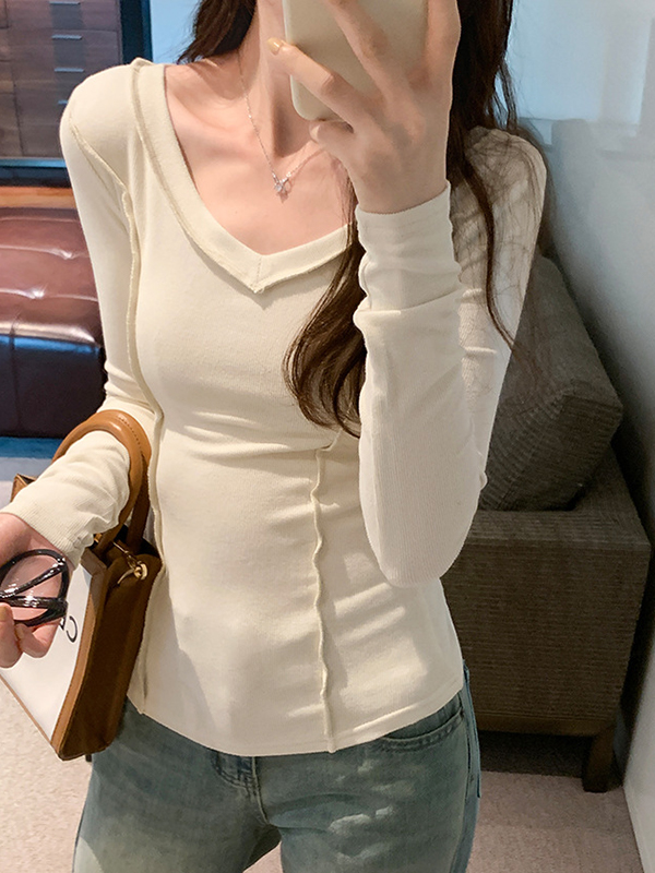 Solid V Neck Seam Detail Slim Long Sleeve Knit-2