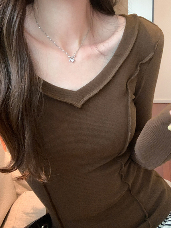 Solid V Neck Seam Detail Slim Long Sleeve Knit-1
