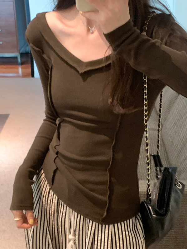 Solid V Neck Seam Detail Slim Long Sleeve Knit-3
