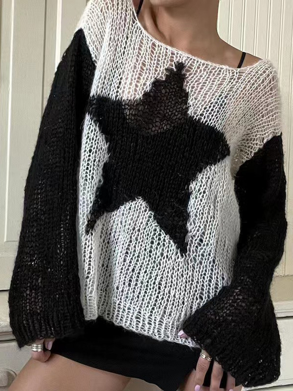 Contrast Color Star Baggy Smock Sweater-2