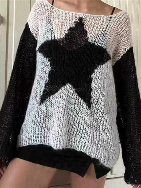 Contrast Color Star Baggy Smock Sweater-1