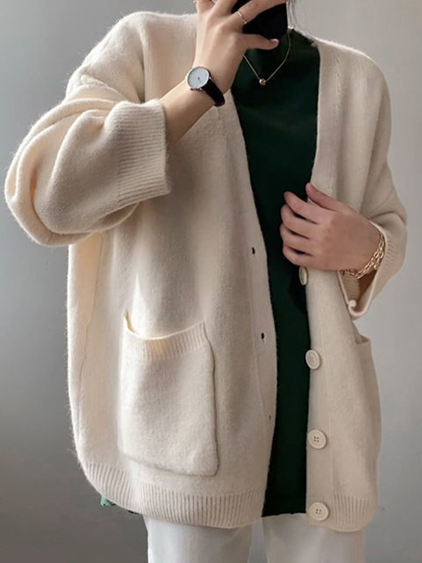 Solid V Neck Breasted Knit Cardigan-1