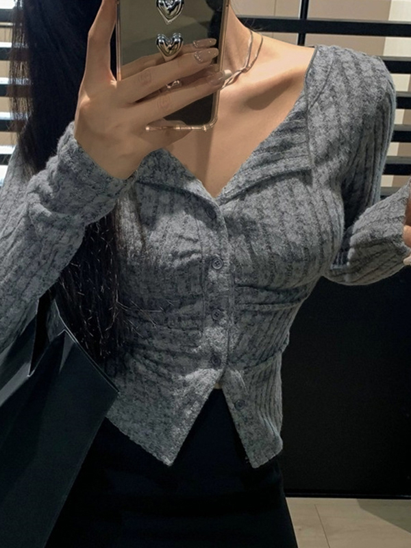 Lapel Neck Ruched Slim Long Sleeve Knit-4