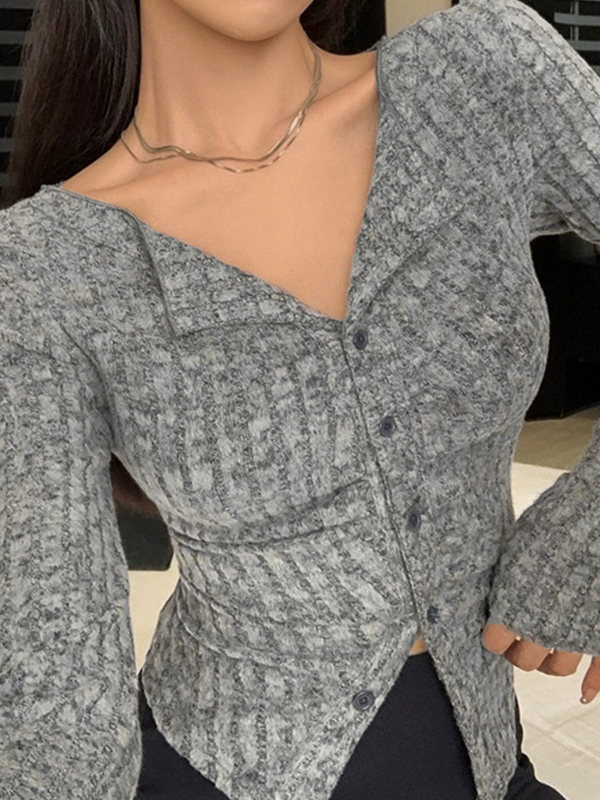 Lapel Neck Ruched Slim Long Sleeve Knit-2