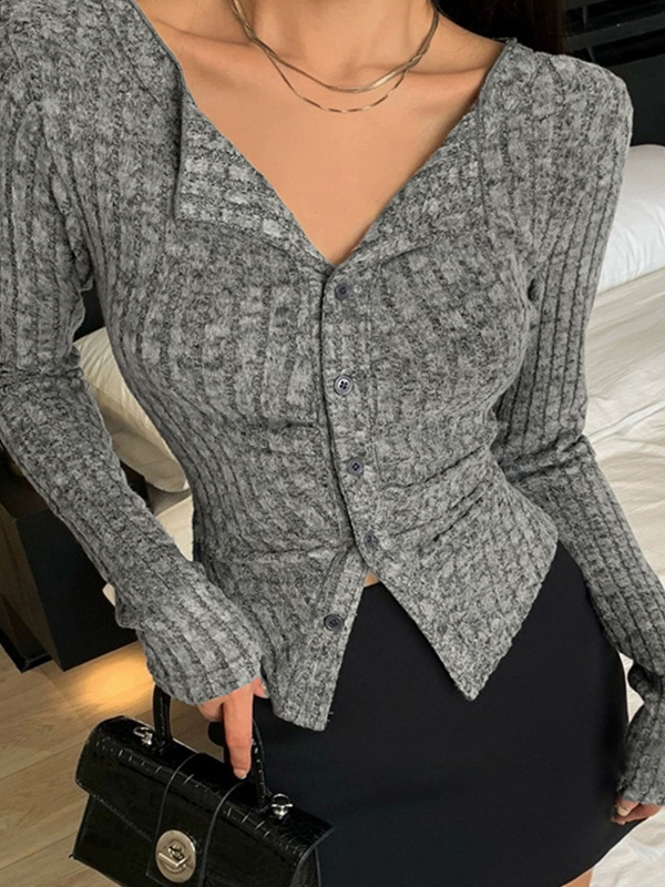 Lapel Neck Ruched Slim Long Sleeve Knit-1